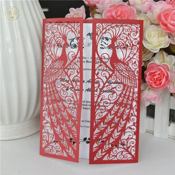 

50 pieces red peacock laser cut shell invitations card for wedding