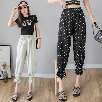 

Womem Harem Pants 2020 Summer Autumn Fashion Female Elastic Waist Plaid Dot Boho Loose Chiffon Pant Casual Straight Trousers