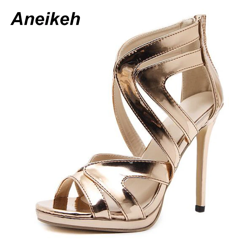 Aneikeh/ г. Летние босоножки женские открытые босоножки на высоком каблуке пикантная женская обувь для вечеринок на платформе с открытым носком золотистого цвета 1063-76
