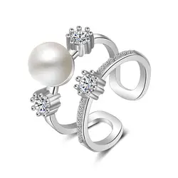 Ослепительно микро CZ 925 пробы серебро кольцо Циркон Имитация Жемчуга два ряда кольца работы для Для женщин S-R338