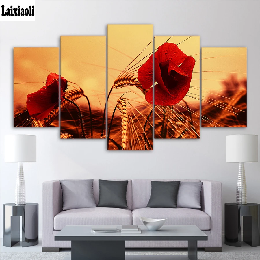 

Diamond Embroidery Red Poppy sunset landscape Needlework 5D DIY Diamond Painting Flower Full Square Rhinestone Mosaic decor 5pcs