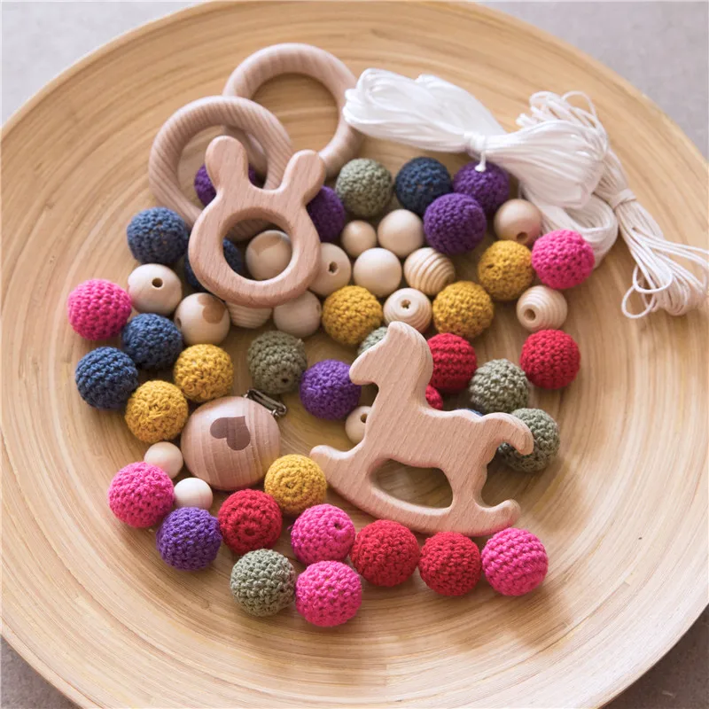 Combinação de Anel de Madeira do Bebê Contas de Crochê Brinquedos do Bebê Presente de Enfermagem Conjunto Pacote Mordedor Beads Faça Você Mesmo Jóias Hands-on Chupeta Clipe 1