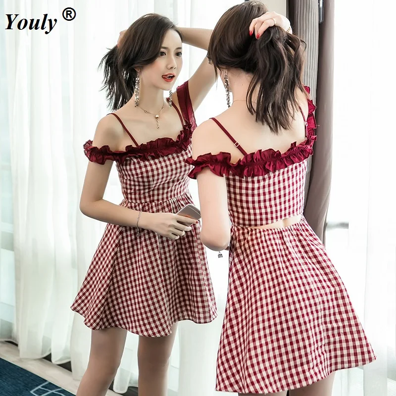 

Hollow Out Ruffle Collar red plaid party mini dress 2019 Vintage Sexy Female Bodycon Christmas Bottoming Party Dresses Vestido