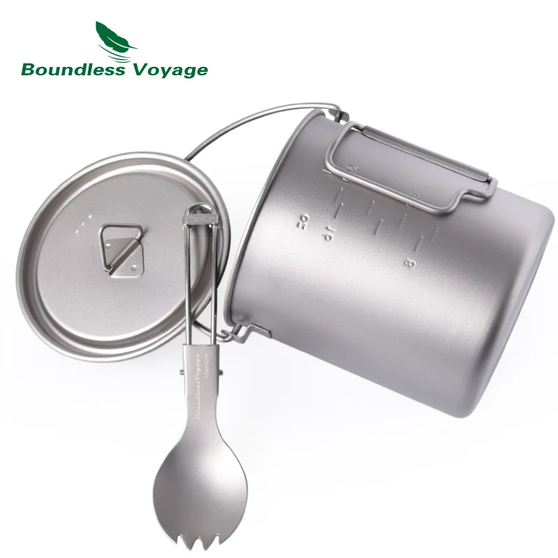 Boundess Voyage 750ml Titanium Hanging Pot with Lid Folding Handle Outdoor Camping Drinking Cup with Spork Picnic Cookware Boundess Voyage 750ml Titanium Hanging Pot with Lid Folding Handle Outdoor Camping Drinking Cup with Spork Picnic Cookware