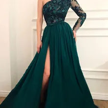 TaoHill Новая мода трапециевидной формы одно плечо элегантные длинные тёмные рукав зеленое вечернее платье вечерние платья