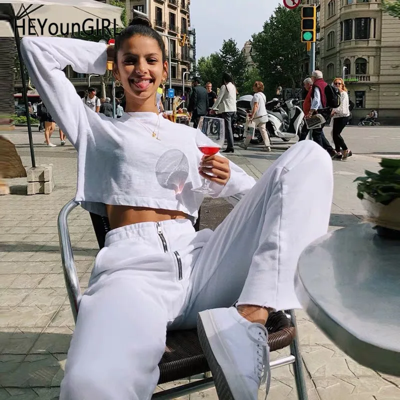HEYounGIRL Casual Loose White Sweat Pants Capris Korean Sweatpants Women Elastic High Waist Ladies Trousers Zipper Pockets Party HEYounGIRL Casual Loose White Sweat Pants Capris Korean Sweatpants Women Elastic High Waist Ladies Trousers Zipper Pockets Party