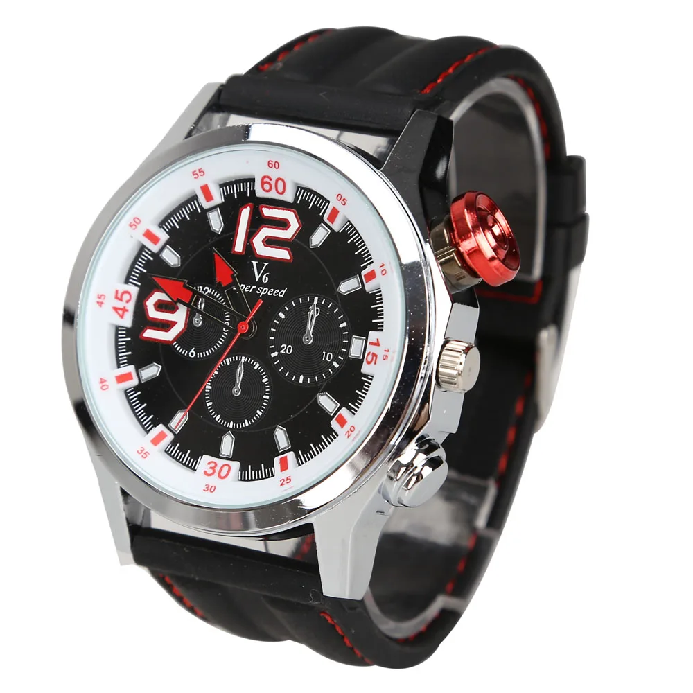 Men Sports Silver Case Quartz Dial Silicone Strap Wrist Watch Red
