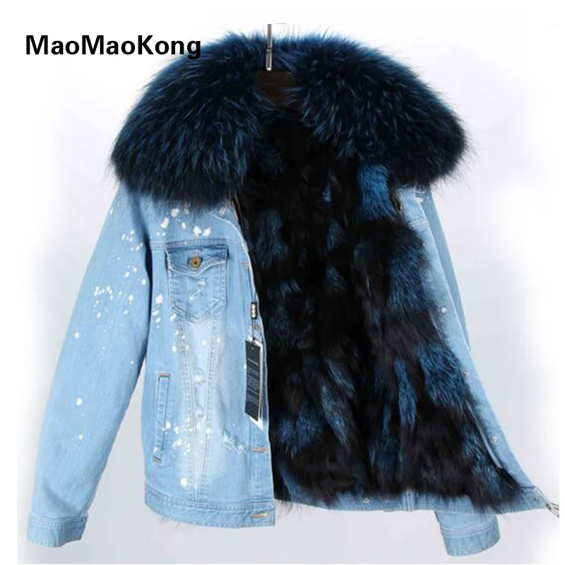 MAOMAOKONG 2017 джинсовая куртка с натуральным лисьим мехом Parkas100 % большой воротник из