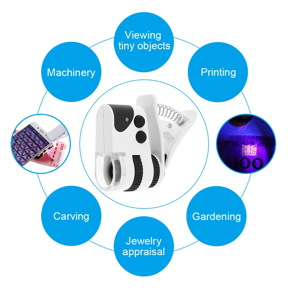 60X10 мм перезаряжаемый регулируемый вращающийся тип универсальный зажим для сотового телефона микроскоп Лупа с светодиодный светильник/УФ-светильник/USB кабель