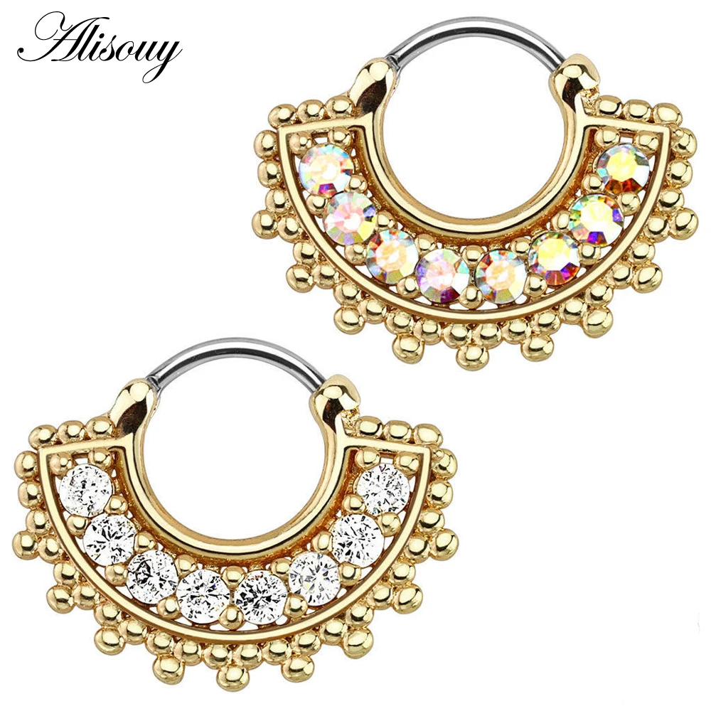 Alisouy 1pc Surgical Stainless Steel Sector Nose Piercing High Quality Zircon Septum Clicker Ring Stud Fashion Body Jewelry | Украшения и