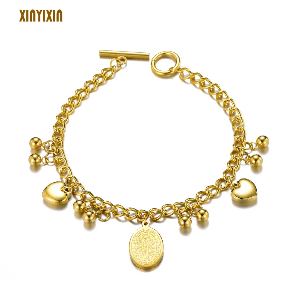 

Gold Round Jesus Pattern Stainless Steel Bracelet for Women Men Charm Hearts Balls Bracelet Bangle 2019 Fashion Jewelry Gift New