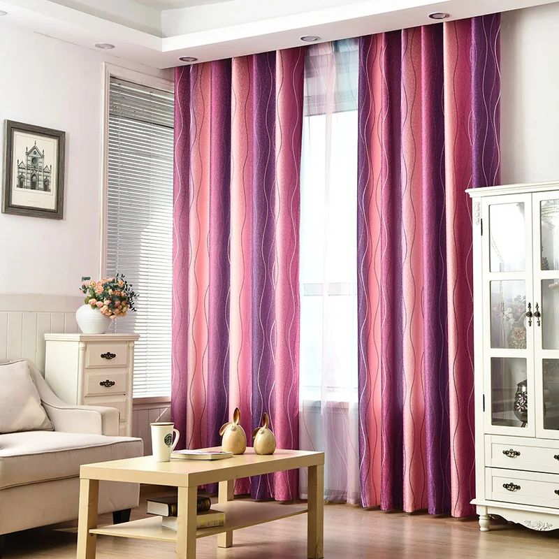 

New Curtain Jacquard Craft Purple Stripes Printed Blackout Curtains With Tulle For Living room Bedroom Kitchen