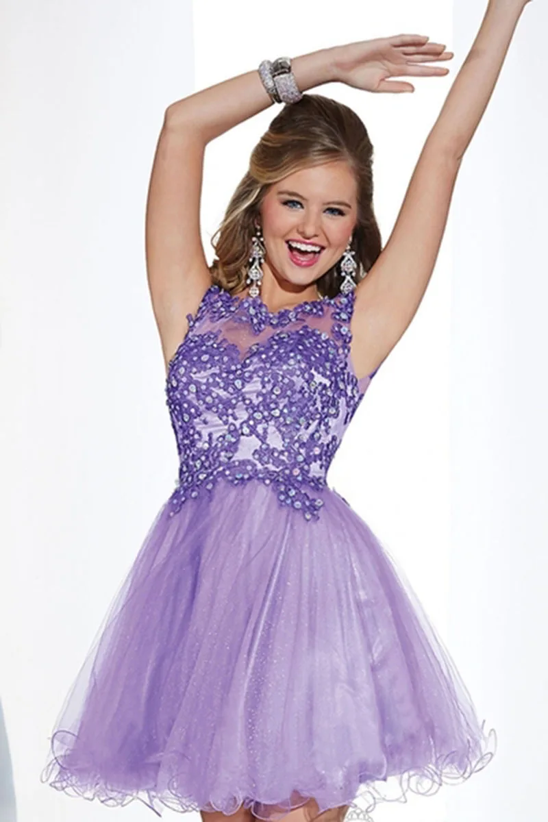 Prom Dresses 2015 Purple Appliqued Beaded Girl Graduation Dresses Juniors Short Tulle