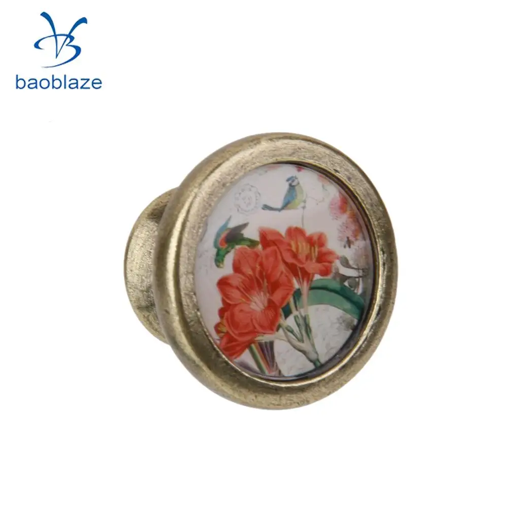 2pcs Vintage Brass Door Knob Cabinet Cupboard Drawer Dresser Pulls Handle Knob with Screws - Flower Bird
