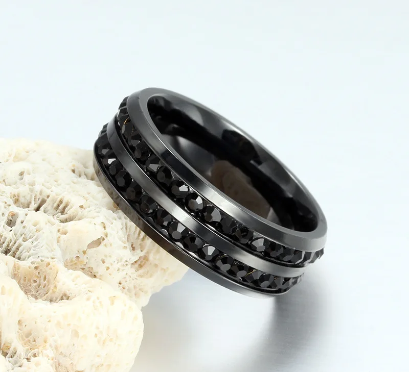 Modyle New Fashion Men Rings Black Crystyal Rings Stainless Steel Men Wedding Rings