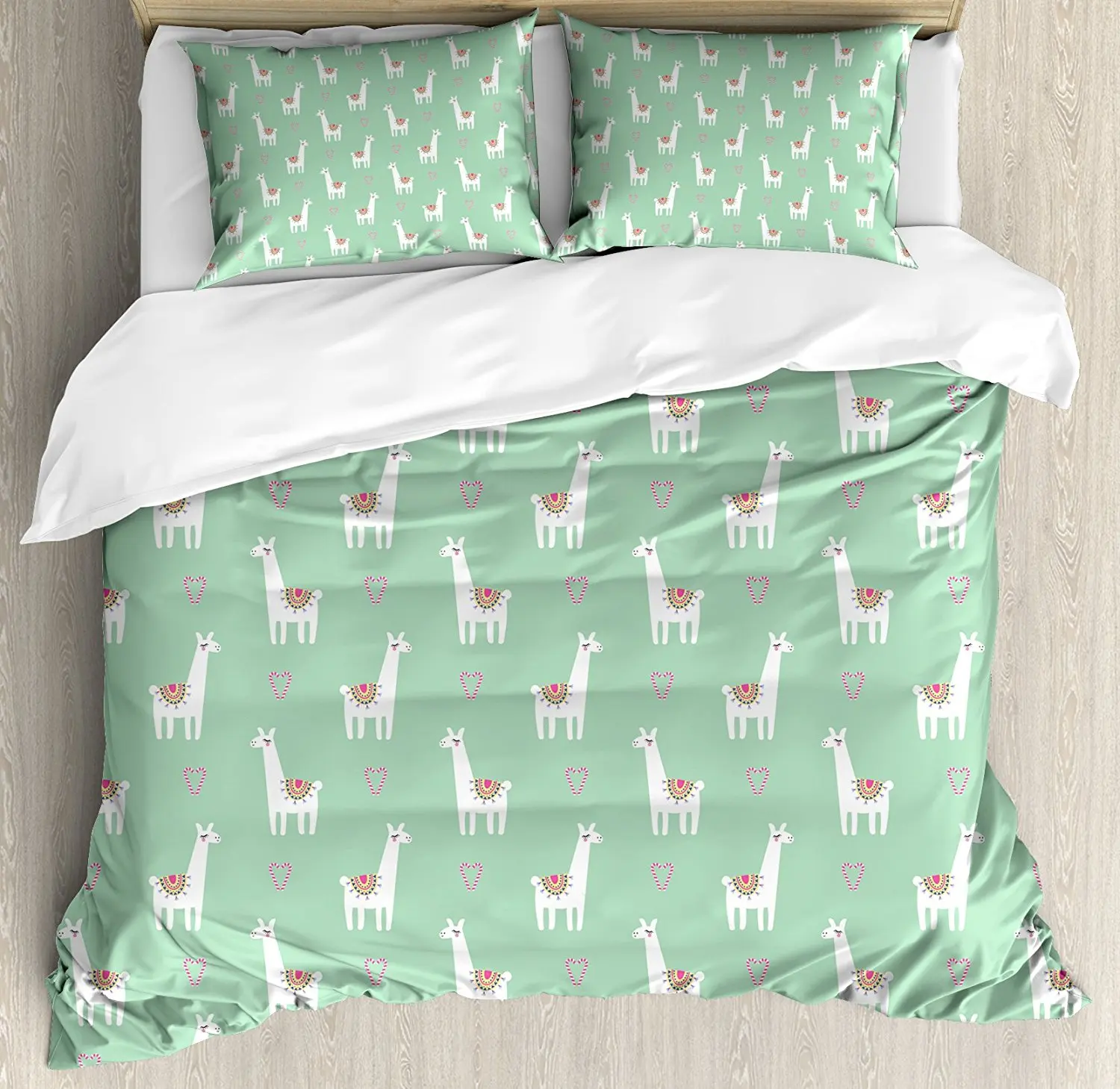 Llama Duvet Cover Set Cute llama with Candy Cane Hearts Fun Pattern on