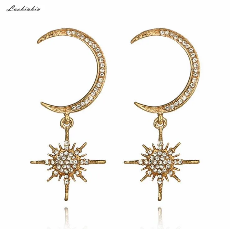 

rhinestone inlaid gold&silver alloy moon&star drop earrings fashion korean long earrings for women in jewelry