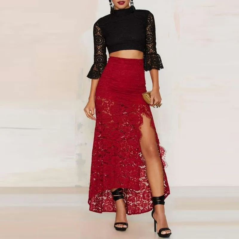 Illusion African Style Red Lace Long Skirts Sexy Side Silt High Low Skirts Invisible Zipper High Waist Women Maxi Skirts39