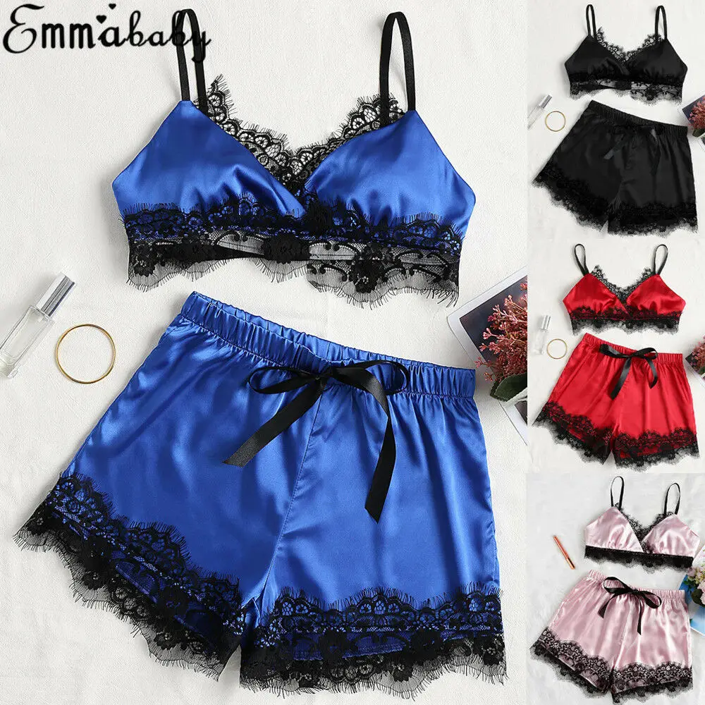 

Hot 2pcs/Set Women's Sexy Lace Silk Satin Lingerie Sleepwear Cute Bra Harvest Tops Pajamas Set Babydoll Sweater Pajamas Sweater