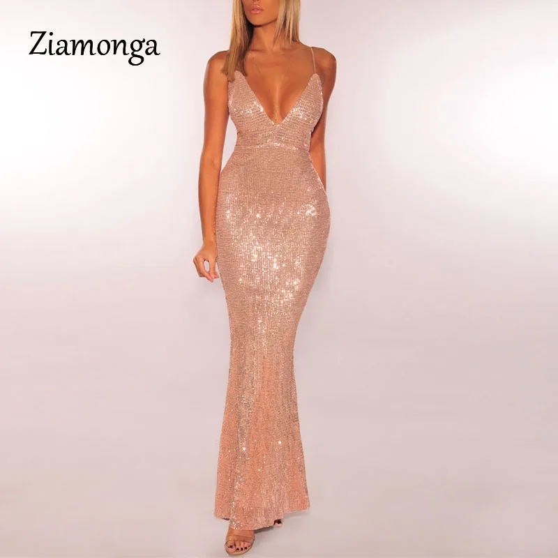 Ziamonga Summer Shiny Gold Sequined V Neck Maxi Dress Backless Maxi Dress Stretchy Backless Floor Length Formal Party Dress