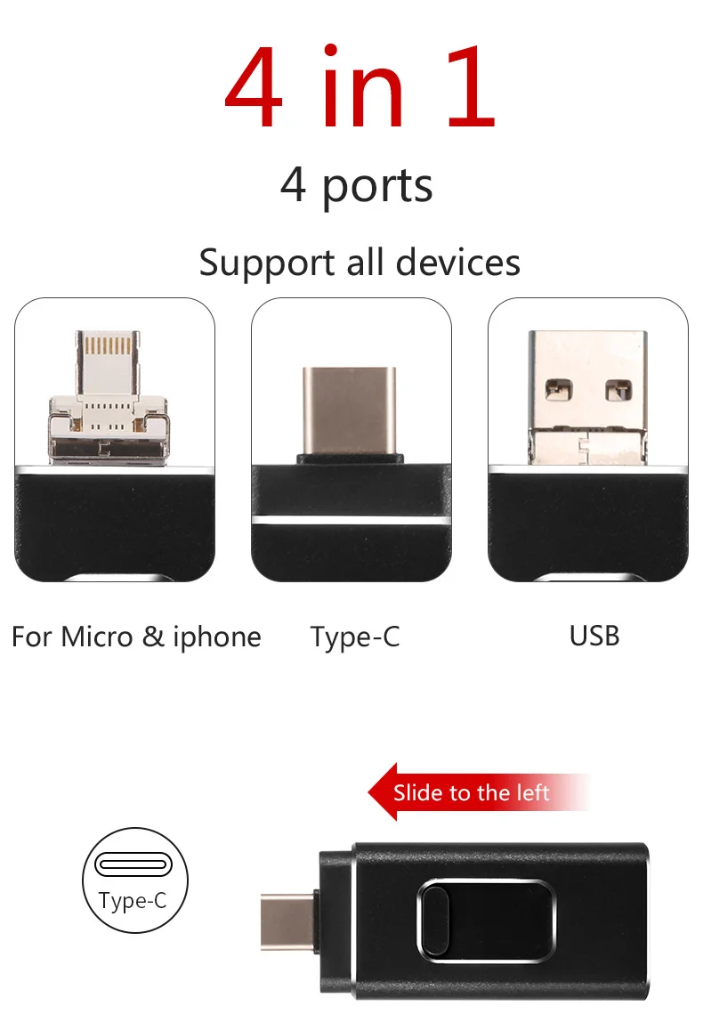 4 в 1 флеш-накопитель USB 3,0 Mirco USB/IOS/type-C ручка для samsung S8 S9 Note 9 Mate10 P20 iphone 8 7 6 Plus iPad Air