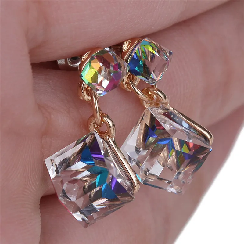 

1Pair Double Crystal Cube Earring Women Fashion Earrings Sweet Stud Colourful For Beauty Women Girls Bijou Statement Jewelry