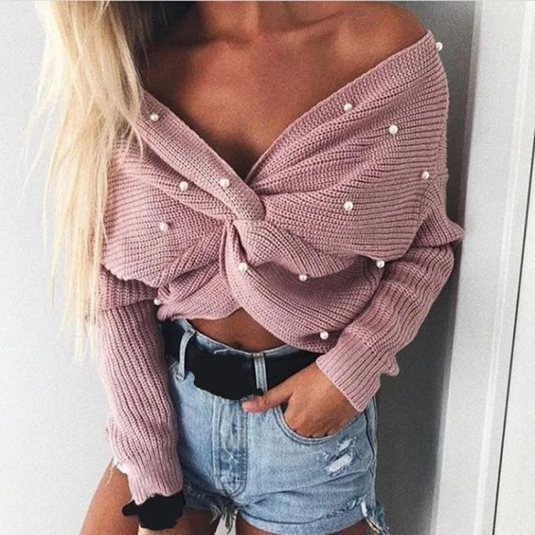 

BKLD Pull Femme Sweaters Long Sleeve Solid Color V-neck Sexy Cross Knotted Beading Knitted Pullovers Sweater Women 2019 Autumn
