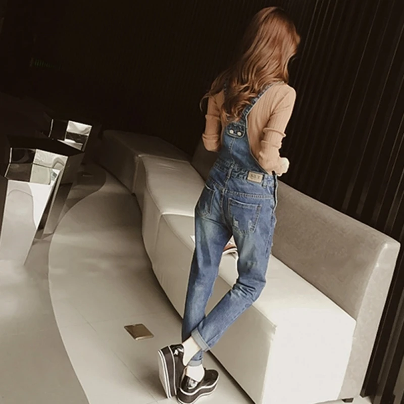 Свободные джинсы с регулируемым ремешком облегающее Боди женские джинсовые брюки Комбинезоны Рваные штаны