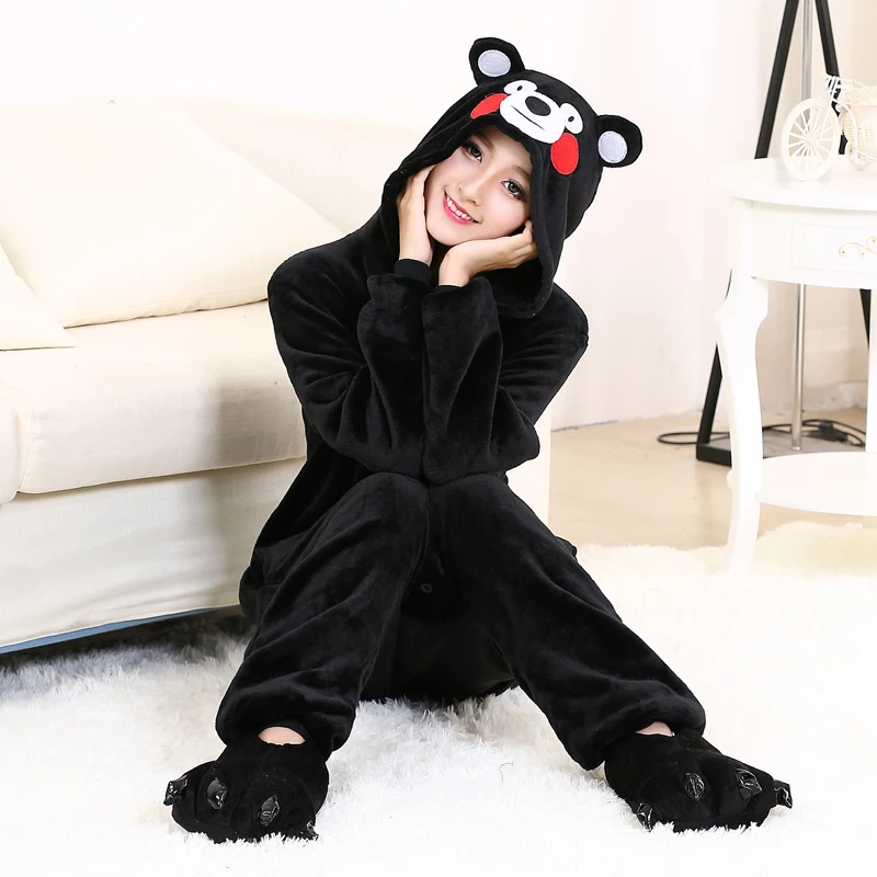 Cute Kumamon Kigurumi Onesie Animal Adult Men Women Black Pajamas For Halloween Party Jumpsuit Soft Flannel Cosplay Costume (7)
