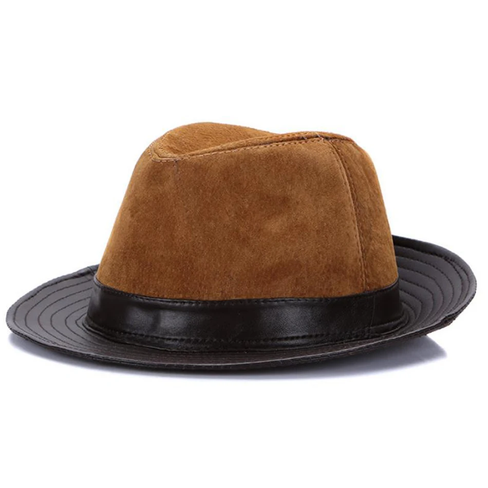 BUTTERMERE Fedoras мужские кожаные Трилби шляпы коричневые Btitish винтажные джазовые кепки мужские лоскутные из натуральной кожи джентльменская фетровая шляпа - Цвет: brown hat