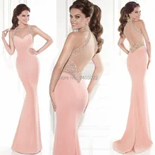 Abendkleider 2016 Neue Halter Perlen Mermaid Rosa Prom Kleider Backless Luxus Lange Kristall Abendkleid Vestido de Festa