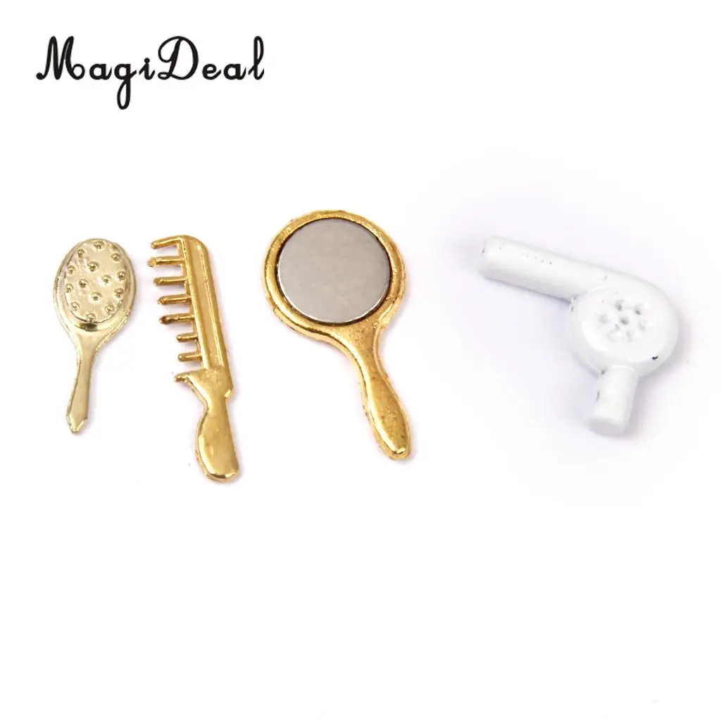 MagiDeal 4Pcs/Set 1/12 Dollhouse Miniature Comb Hair Dryer Mirror for Dolls Bathroom Accessories Children Toys