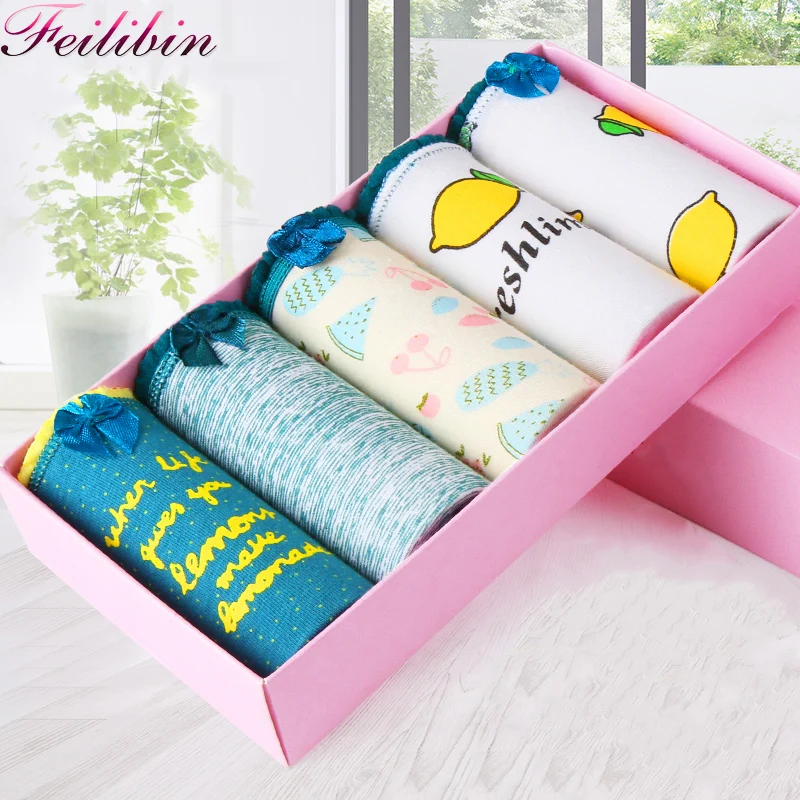 

Feilibin Sexy Cotton Women Panties 5pcs/lot Traceless Seamless Girls Lovely Print Briefs Breathable Women Size XXL Underwear