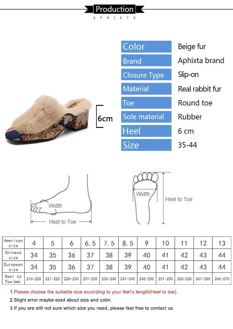 Aphixta Real Rabbit Hair Slippers Women Shoes Luxury Real Fur Square Heel Lady Warm Mujer Indoor Slides Plus Big Size 34-44