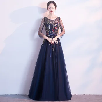 

Elegant Slim Women O-Neck Improved Cheongsam Mesh Sleeve Sexy Floor Length Evening Dress Floral Bridesmaid Wedding Party Gown