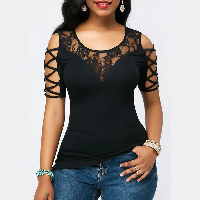 

NEW Women Summer Chiffon Short Sleeve Casual Tops Lace T-Shirts