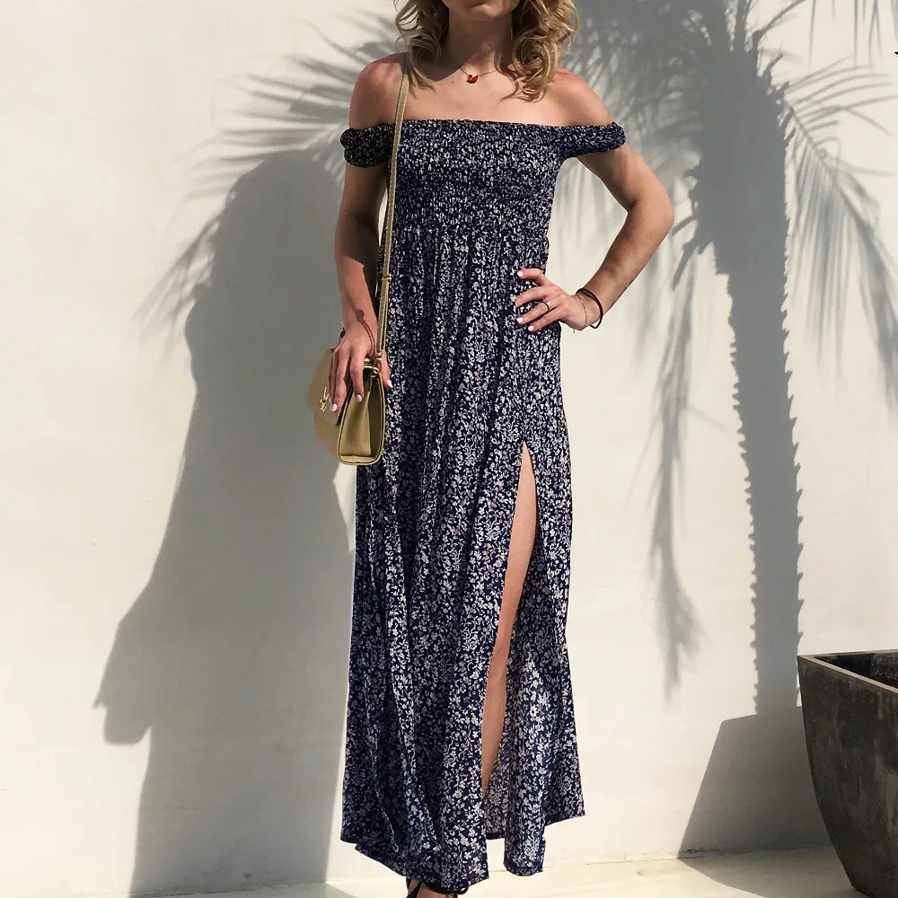 

Women Sexy Dress 2018 Summer Off Shoulder Floral Print Chiffon Mexi Long Split Dress Boho Style Party Club Flower Beach Dresses