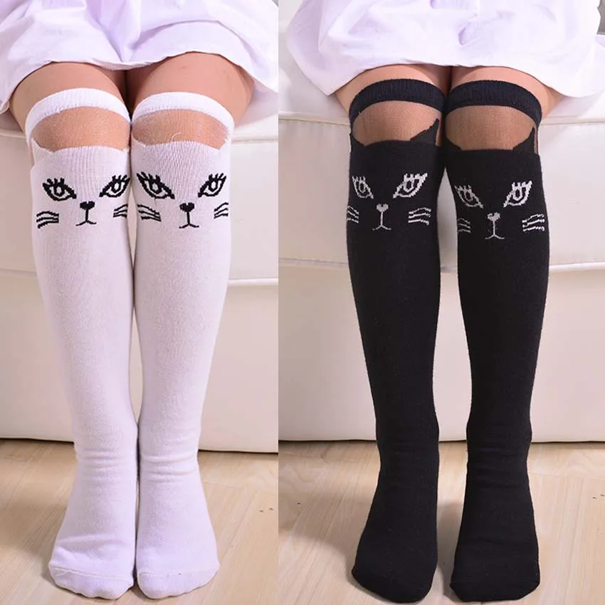 

Baby Kids High Knee Socks School Cartoon Cat Lace Solid Socks Leg Warmer For Girls Children Spring Autumn Wear