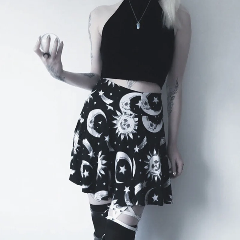 Новая юбка Harajuku, Женская Милая луна, звезды, солнце, милая Летняя мини юбка для готических девочек, наряд черные короткие юбки