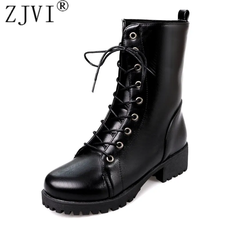 

ZJVI Women Mid Calf Snow Boots Autumn Winter Square Heels Platform Shoes Round Toe Warm Fur Lace Up Female 2020 Woman Black PU