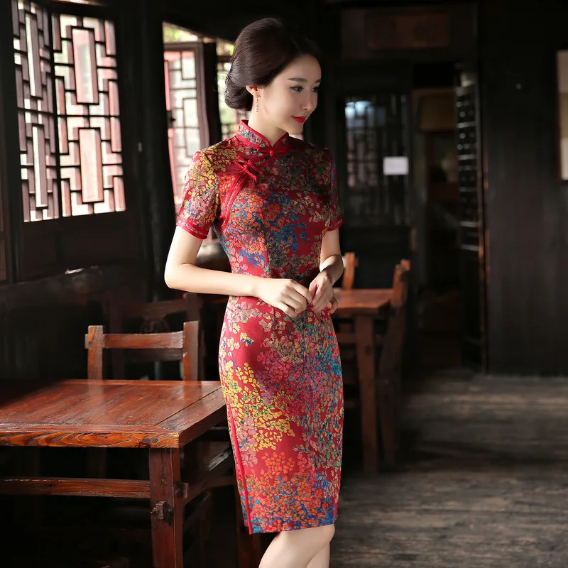 2018 winter women's satin cheongsam qipao Chinese oriental dresses traditional Chinese wedding dress retro slim evening dress  (3)