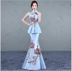 Высокое качество вышивка синий Cheongsam Длинные пикантные Qipao китайское традиционное платье Oriental вечерние платья Китай Костюмы магазине