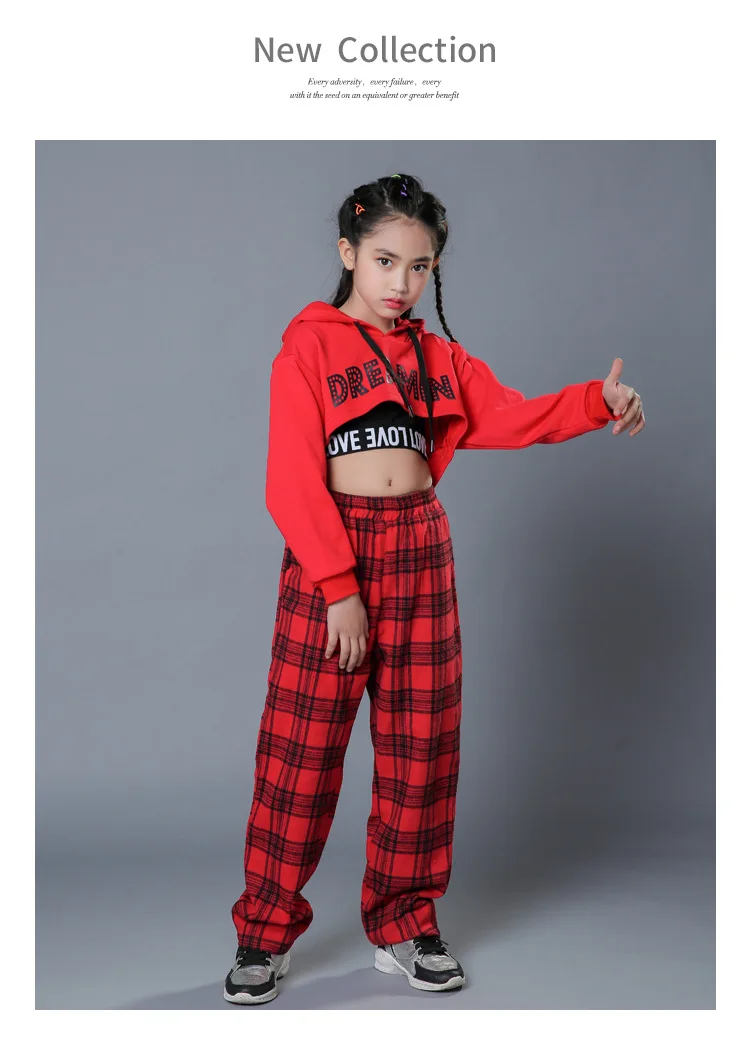 Menino e Menina Primavera e Outono Preto e Branco Crianças com Capuz Dança Traje Conjunto Xadrez Novas Umbilical Hip Hop Rua 13 Conjuntos de roupas