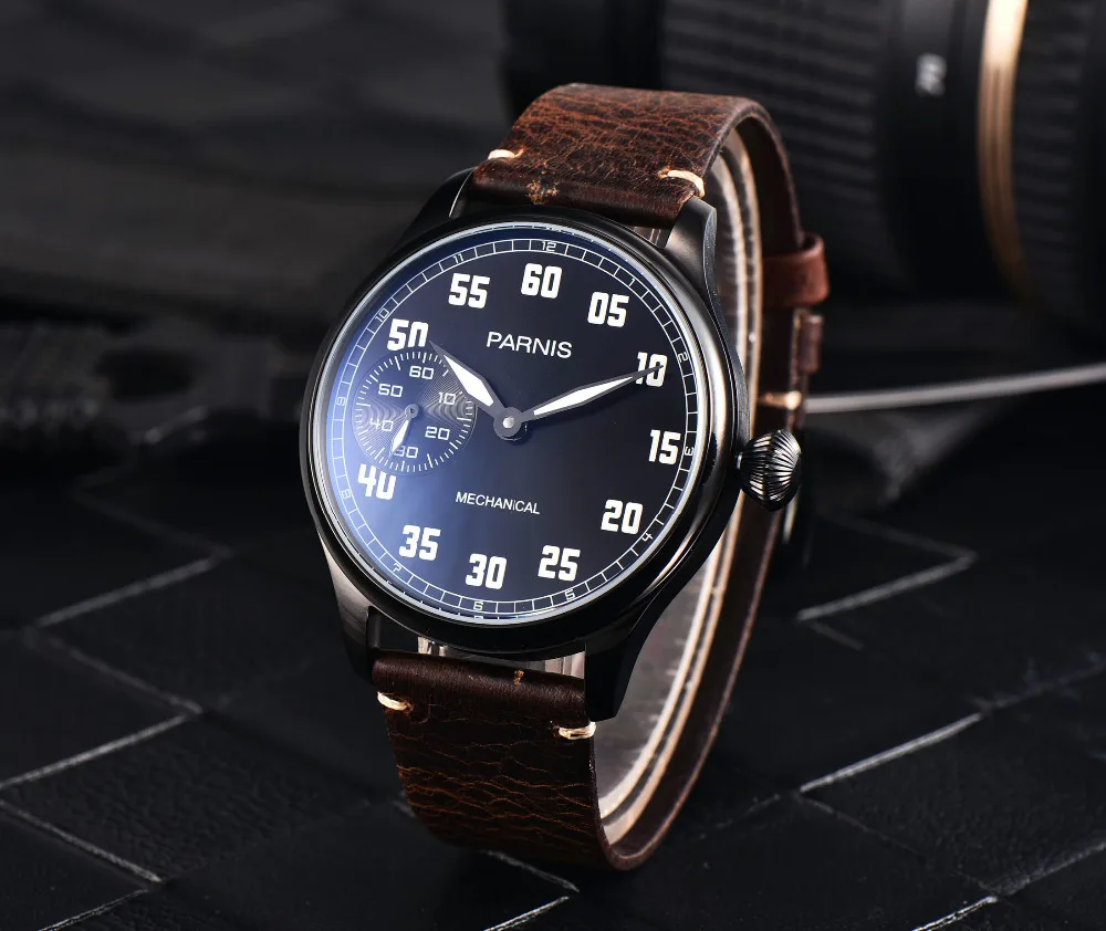 US $64.73 2018 Issue Casual Man Watch Mechanical Hand Winding Watch Leather 44mm Parnis Hand Wind Power Reserve Watch 17 Jewels