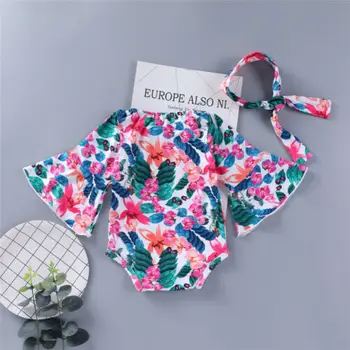 

2PCS Newborn Baby Girl Clothes Summer Outfit Set Floral Romper Headband Long Flare Sleeve O-Neck Jumpsuit Clothes