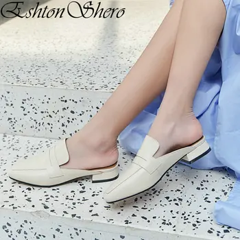 

EshtonShero Shoes Woman Slippers Kid Leather+PU Women Low Heel Slip On Black Beach Ladies Wedding Slides Shoes Size 34-40