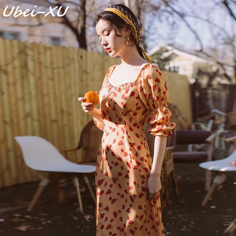 Ubei 2019 Весна/Лето Женское платье в стиле ретро с тонким квадратным воротником и
