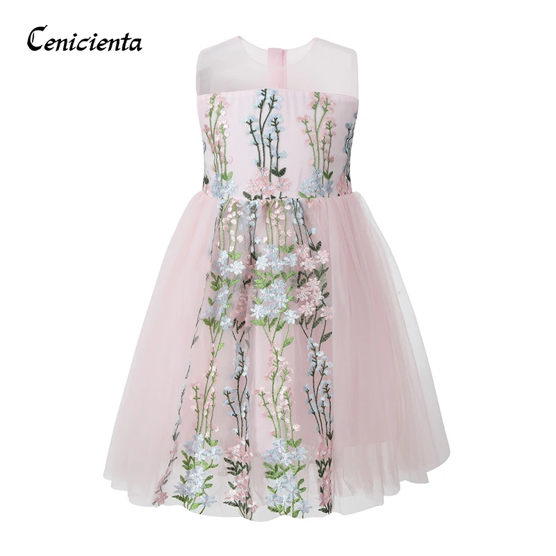 

Cenicienta Girls Dress Floral Embroidery Mesh Sleeveless Toddler Girl Dresses for Birthday Party and special Occasion Pink/White
