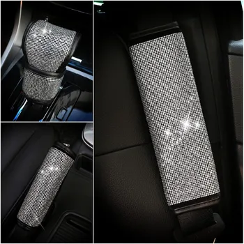 

Crystal Car Handbrake Cover Auto Gear Shifter Set Rhinestones Seat Belt Cover Styling Diamond Interior Accessories For Girls