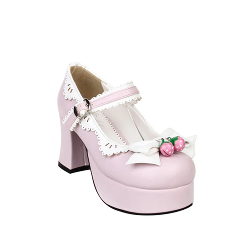 Туфли лодочки демисезонные на толстой платформе с клубничным бантом|mary jane pumps|mary